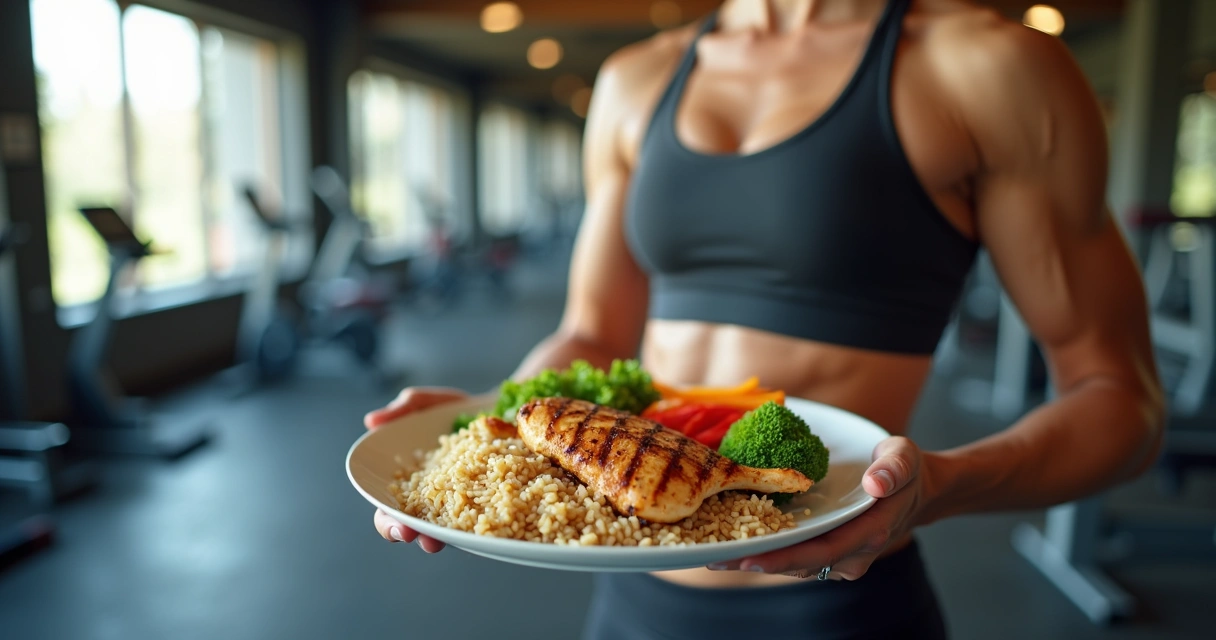 Entrenador sujetando pollo y vegetales frescos en un gimnasio 