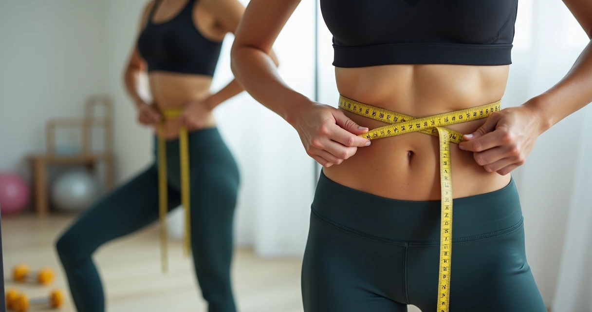 Como medir seu progresso físico além do número na balança 1 Mulher medindo a cintura com fita métrica