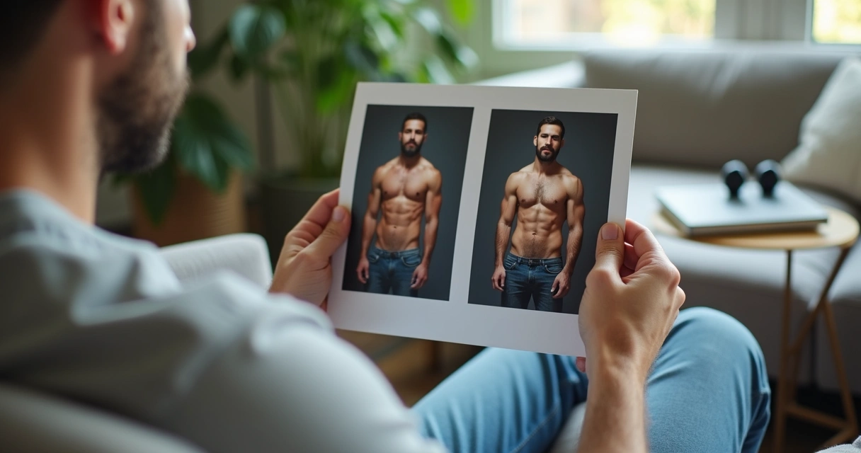 Hombre comparando fotos de progreso físico 