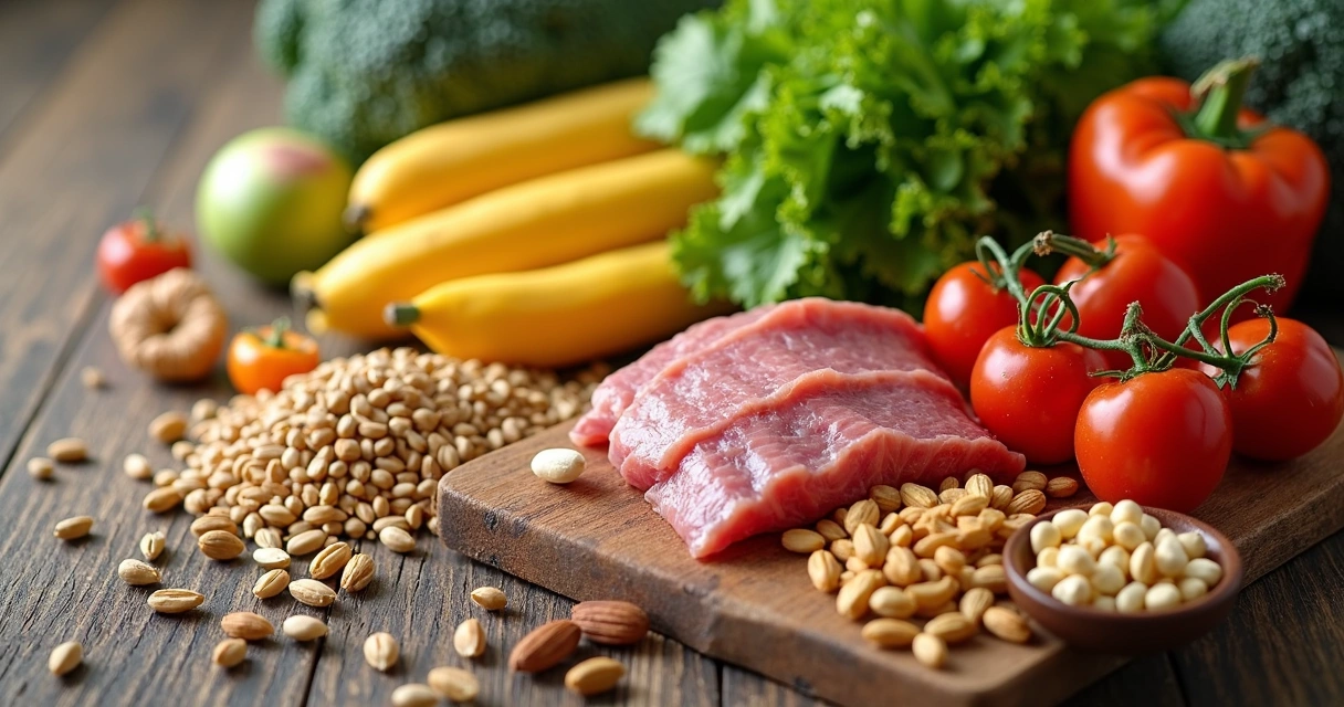 Variedad de alimentos saludables sobre mesa de madera 