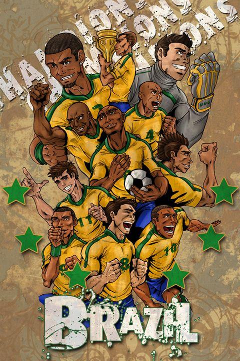 Caricatura da Seleção Brasileira de Futebol segurando a Taça da Copa do Mundo