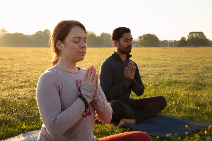 vista lateral de um homem e uma mulher meditando ao ar livre 23 2148988363